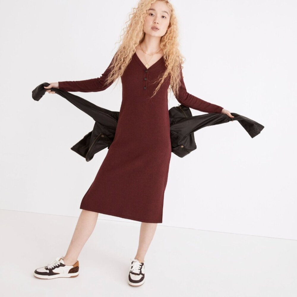 Madewell Long Sleeve Henley Burgundy Midi Sweater Dress XS/S